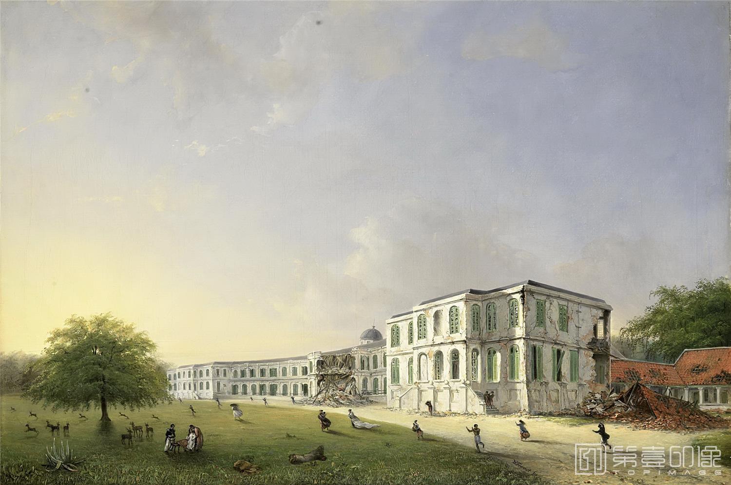 油画-荷兰阿姆斯特丹国家美术馆-Troost Willem (II) De voorzijde van het paleis te Buitenzorg na de aardbeving van 10 oktober 1834-1593